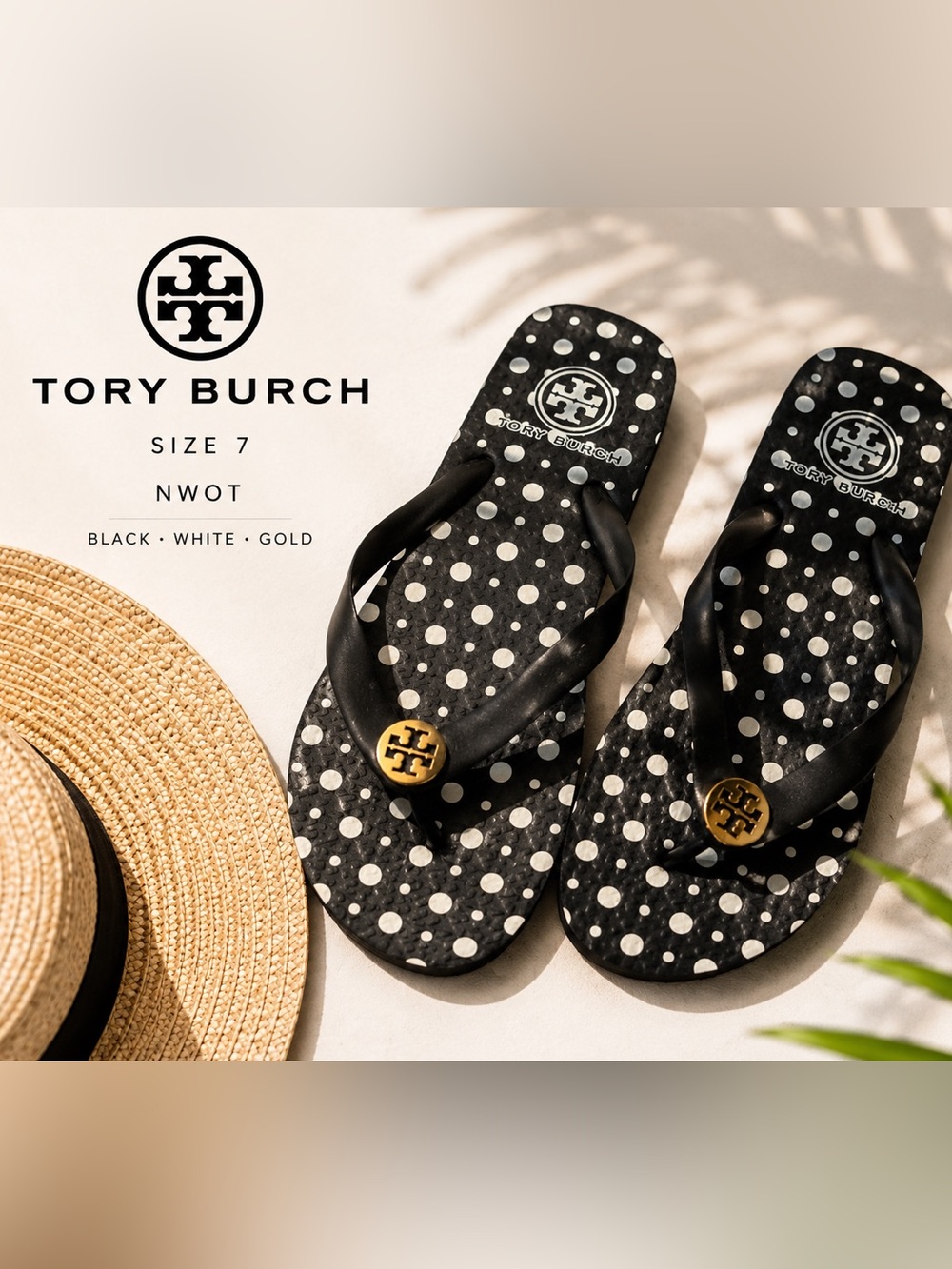 Tory Burch Polka Dot Flip Flop Sandals Women’s Size 7 Black White Gold Logo NWOT